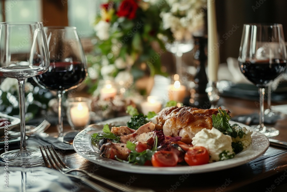 Elegant candlelit dinner setting with wine and gourmet chicken dish Elegant candlelit dinner setting with wine and gourmet chicken dish