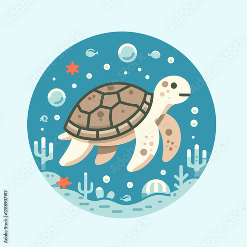 Whimsical sea turtle illustration swimming in a vibrant underwater scene filled with bubbles, starfish, and coral. Ideal for children's books, educational materials, or marine conservation campaigns.