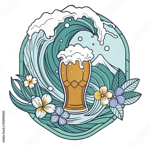 Foaming beer glass riding big ocean wave with exotic flowers and leaves in vintage tattoo style illustration for beach bar and summer event