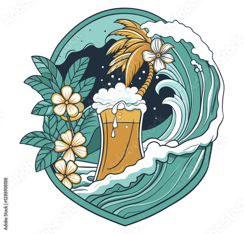 Foaming beer glass riding big ocean wave with exotic flowers and leaves in vintage tattoo style illustration for beach bar and summer event