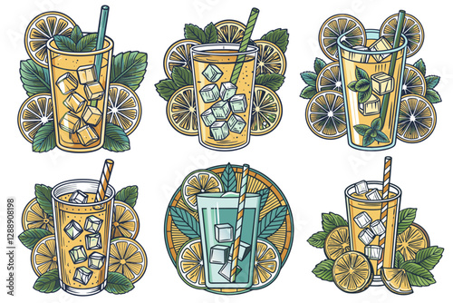 Glass of refreshing summer cocktail set is garnished with ice cubes, lemon slices, and fresh mint leaves, cool and flavorful beverage. Lemonade drink