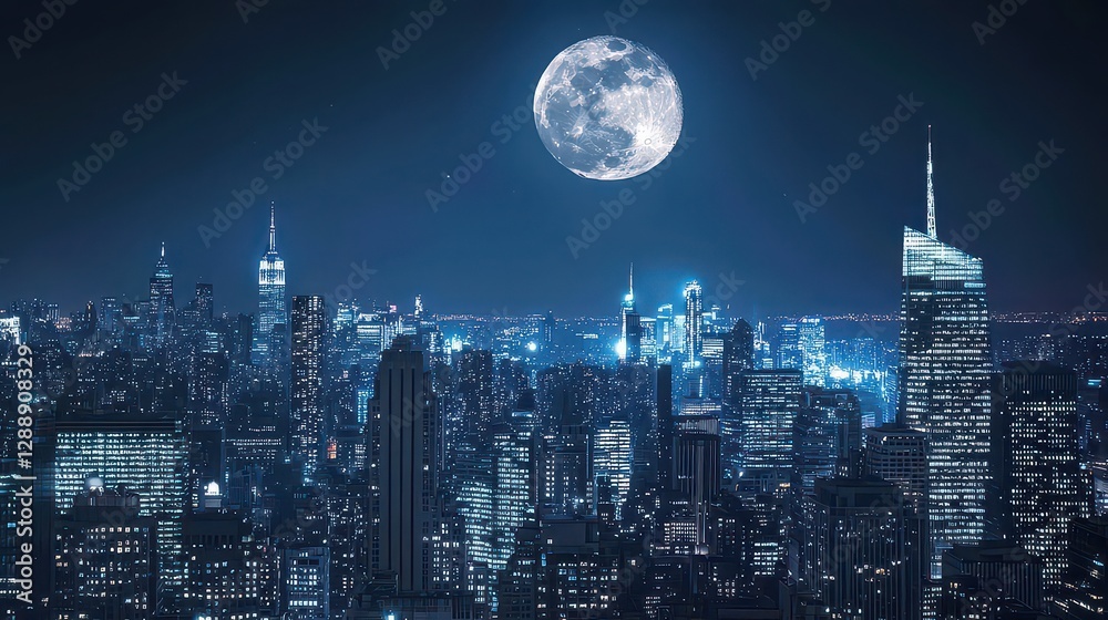 Obraz premium A radiant supermoon over a futuristic cityscape, its light casting mesmerizing geometric shadows