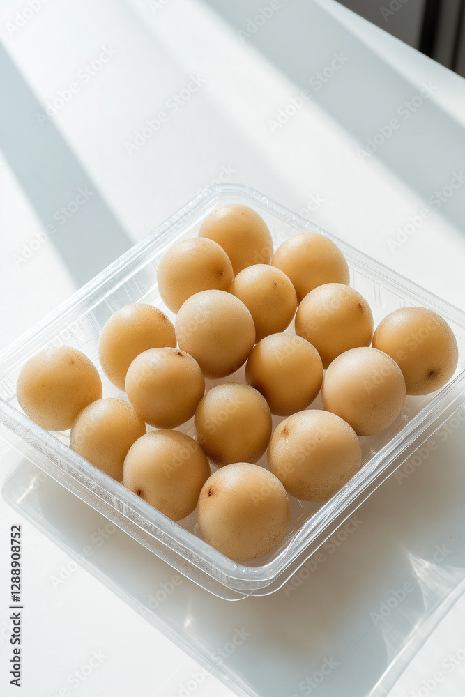 Clear plastic clamshell container filled with fresh Longan fruits, neatly stacked with light condensation enhancing freshness. Symmetrical composition on clean white tabletop. Clear plastic clamshell container filled with fresh Longan fruits, neatly stacked with light condensation enhancing freshness. Symmetrical composition on clean white tabletop.