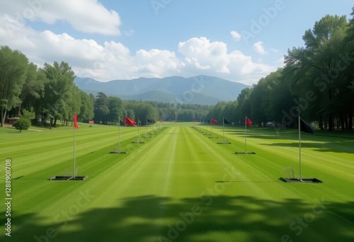  Golf driving range with red flags and mountains in the background under a clear sky