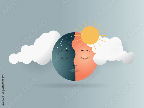 Conceptual representation of bipolar disorder with a face divided between the sun and the moon, symbolizing mood swings between euphoria and depression.