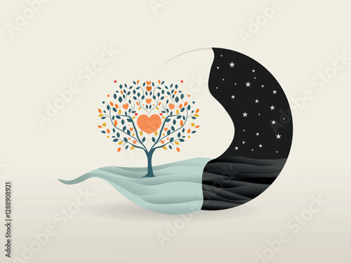 Artistic representation of bipolar disorder featuring a heart-shaped tree in a landscape divided between light and darkness, symbolizing emotional highs and lows.