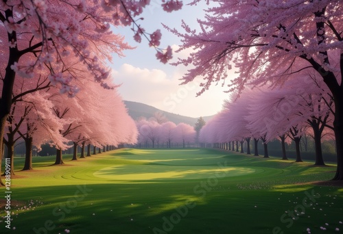  Golf course with cherry blossoms and a flagstick in the hole under a clear sky