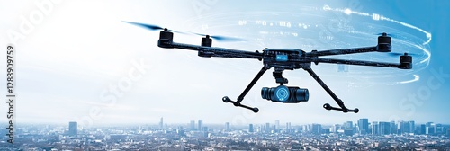 Drone Flying Over Urban Skyline with Digital Effects and City Lights at Twilight