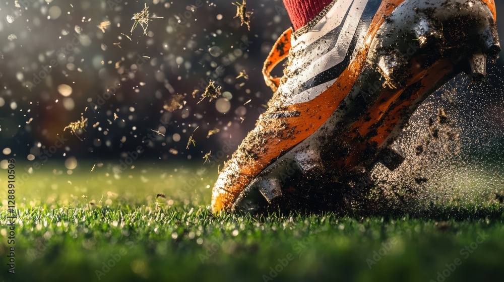 Obraz premium A detailed shot of a football cleat pressing into the turf, small pieces of grass and dirt flying into the air