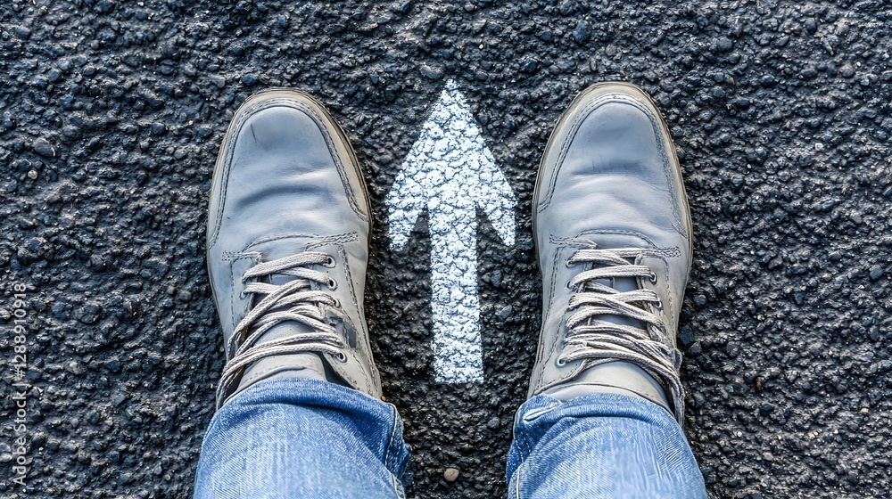Pair of Gray Shoes Positioned on Asphalt with a Directional Arrow Indicating Forward Movement Pair of Gray Shoes Positioned on Asphalt with a Directional Arrow Indicating Forward Movement