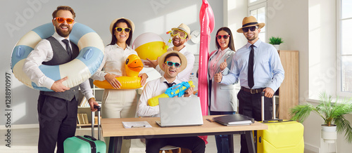 Happy business team ready for their summer vacation together. Group of cheerful, smiling coworkers with holiday bags, funny beach toys, sun hats and sunglasses by desk in office workplace