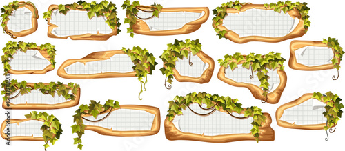 Wooden brown boards with ragged square graph paper, school math sheet. Set 3d vector blank invitations, maps decorated stems hedera helix, ivy, liana, grapes, vine,  jungle plants.