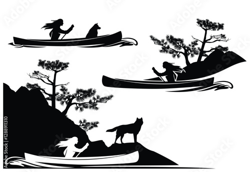 native north american woman rowing in traditional boat with river bank, pine trees and wolf silhouette - black and white vector design set for wilderness adventure pursuit