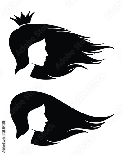 fairy tale queen or princess profile head silhouette with long flying in the wind hair - beautiful royal female black vector side view portrait