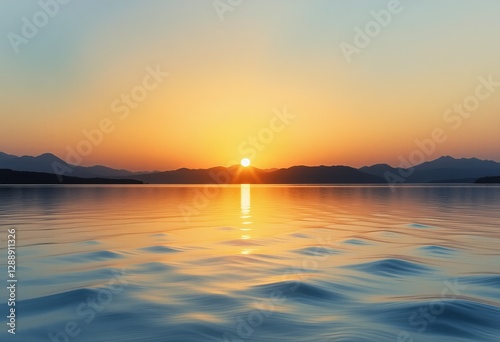  Sunset Over a Serene Lake with Gentle Waves and Mountain Silhouettes