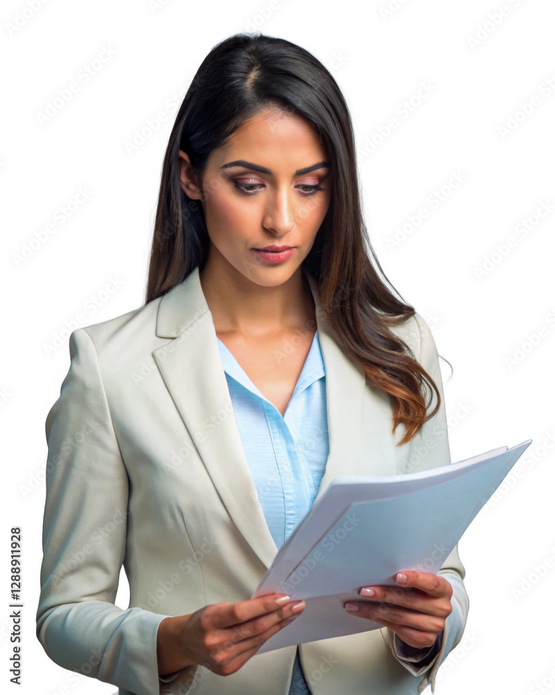 Portrait of Serious Young Female Entrepreneur Reviewing a Report isolated on a transparent background. Portrait of Serious Young Female Entrepreneur Reviewing a Report isolated on a transparent background.