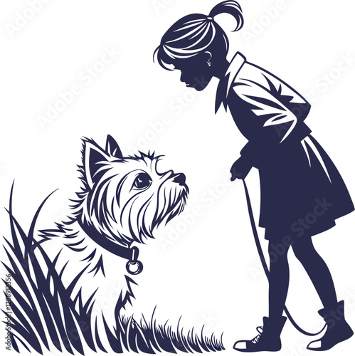 Girl interacting with dog silhouette, ideal for pet care, family, animal, companion, and interaction-themed illustrations