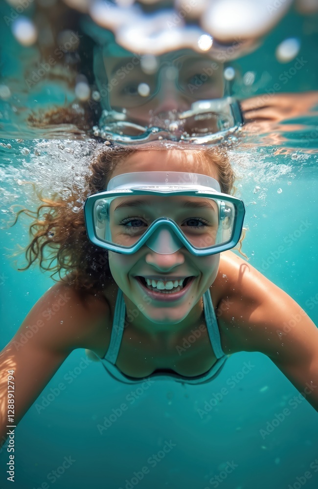 Fototapeta premium Smiling girl with diving goggles underwater in bubbly blue water. Curly hair child swimming happily in clear pool water, sunny summer vacation, holidays activity.