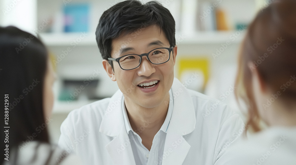 Smiling healthcare professional in lab coat interacts with patients in bright modern doctor office