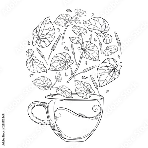 Cup of outline Kava kava herbal tea (Piper methysticum) in black isolated on white background. 