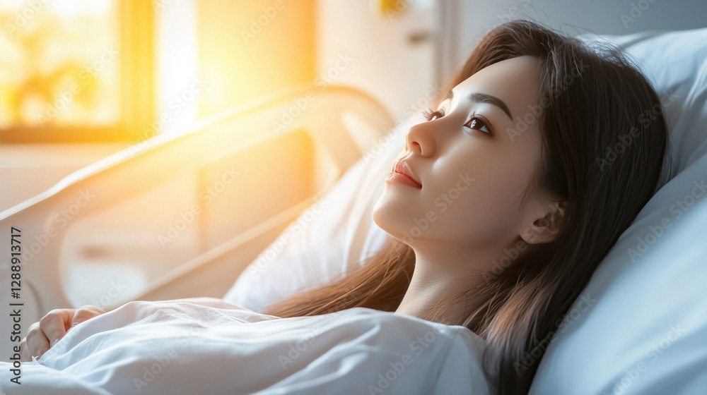 Asian woman rests in hospital bed bathed in gentle light hopeful for recovery and brighter future Asian woman rests in hospital bed bathed in gentle light hopeful for recovery and brighter future