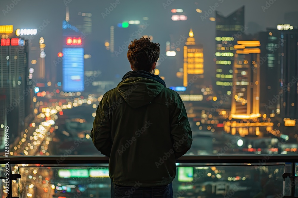 Man Gazing at Night City Skyline from Rooftop Man Gazing at Night City Skyline from Rooftop