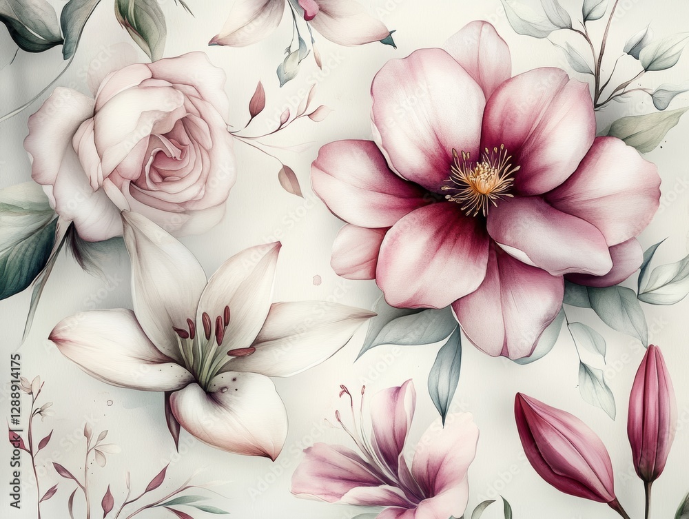 Fototapeta premium Delicate and elegant pattern seamless with various flowers such as roses, magnolias, lilies on pastel color
