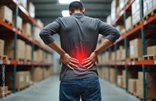 Rear view of man in warehouse suffering from back pain. Male worker holds lower back implying injury from hard manual work, heavy lifting, bad posture at work.