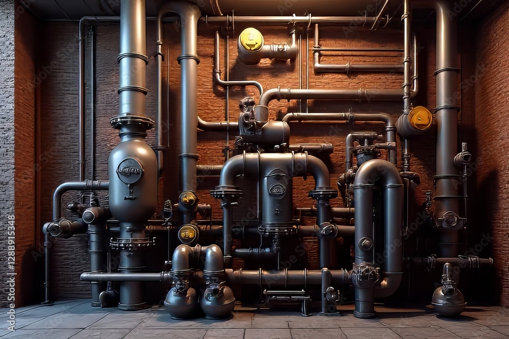 Fototapeta premium Industrial Pipes and Machinery on Brick Wall Background