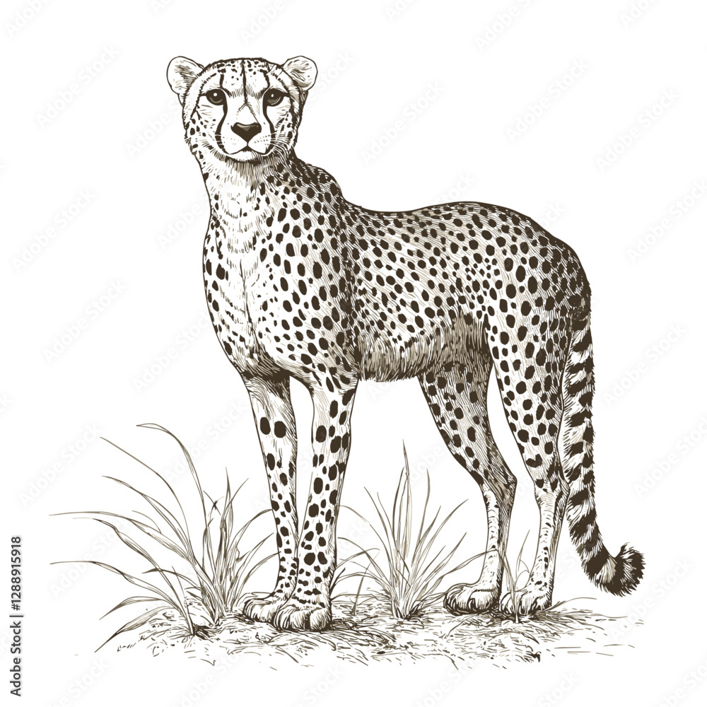 Predator cheetah, hand-drawn in black sketch, antique style, vintage art, wildlife, fast animal, trendy engraving vector print, white background.