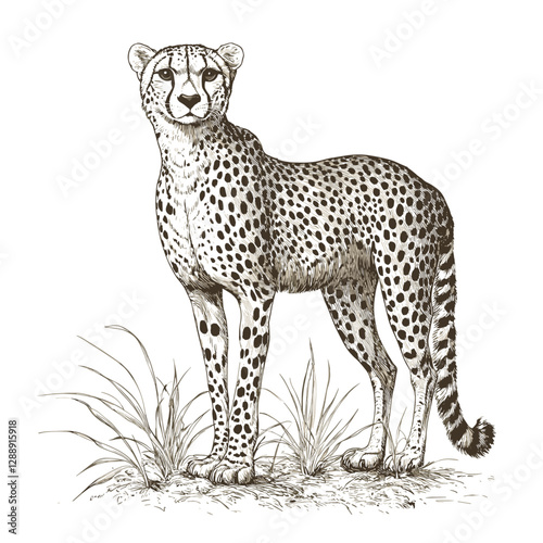 Predator cheetah, hand-drawn in black sketch, antique style, vintage art, wildlife, fast animal, trendy engraving vector print, white background.