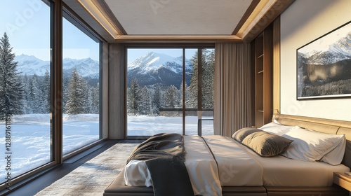 A sleek, modern bedroom in a luxury cabin, with walls of glass and an unobstructed view of snow-covered mountains.