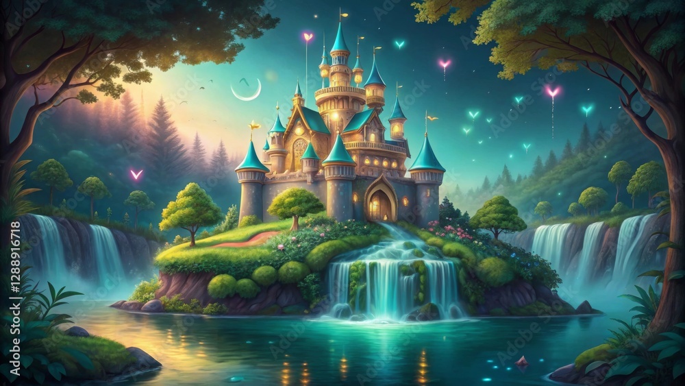 Obraz premium A fairytale-inspired castle on a floating island, surrounded by waterfalls and enchanted creatures