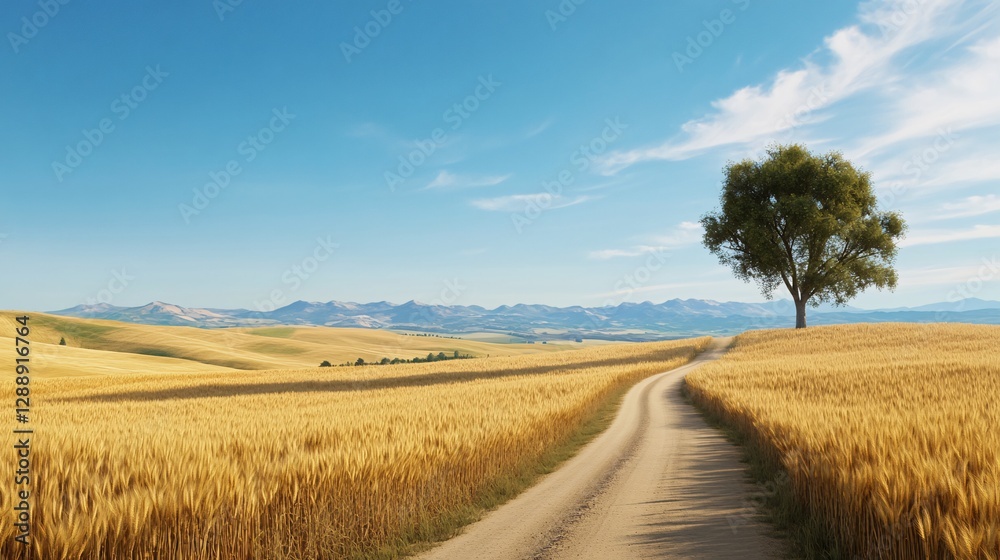 Obraz premium Expansive Rural Landscape with Golden Fields and a Serene Country Road