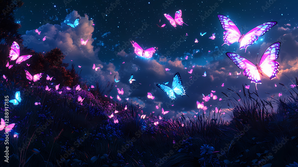 Glowing butterflies lighting up the night sky in a dreamlike synthwave landscape. Iridescent Butterfly Swarm. Illustration Glowing butterflies lighting up the night sky in a dreamlike synthwave landscape. Iridescent Butterfly Swarm. Illustration