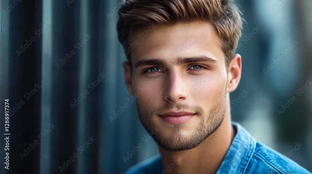 Professional headshot portrait with soft natural lighting and shallow depth of field, featuring denim shirt against blurred blue background, showcasing modern styling and confident expression. Professional headshot portrait with soft natural lighting and shallow depth of field, featuring denim shirt against blurred blue background, showcasing modern styling and confident expression.