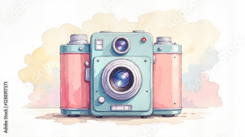 Vintage watercolor camera in pastel colors. Clipart for blogs, websites, scrapbooking, invitations, cards, stationery design, and photography themes.