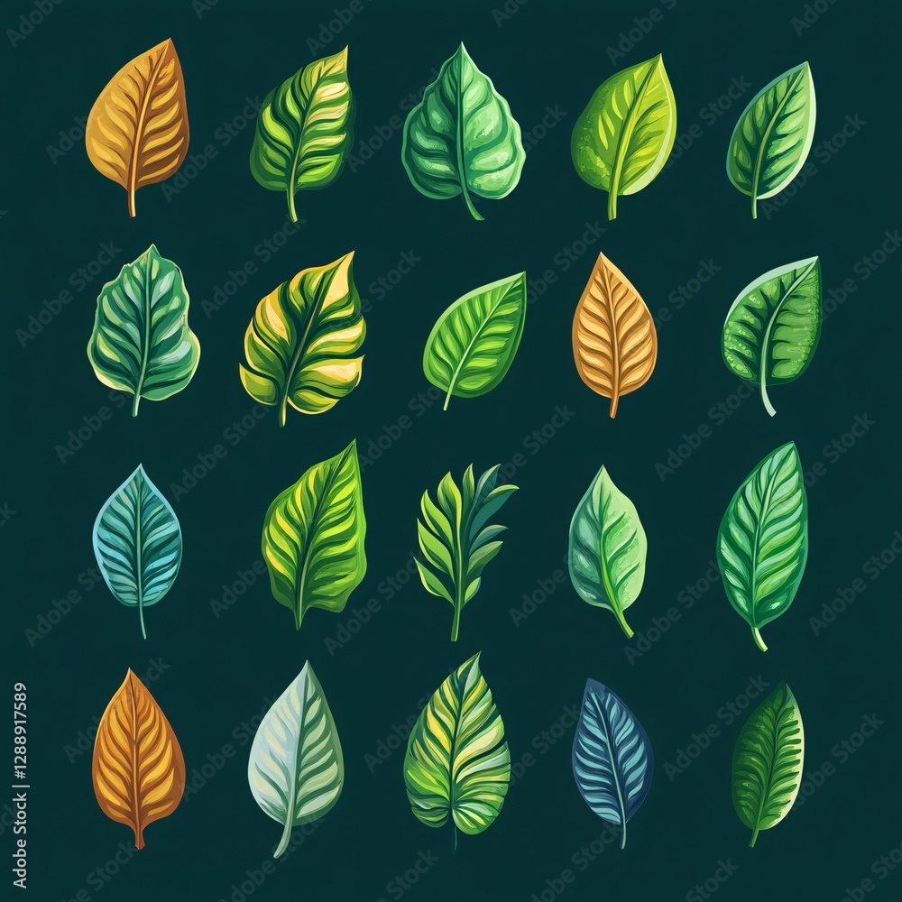 Decorative Foliage and Leaf Patterns in Isometric Design Style Decorative Foliage and Leaf Patterns in Isometric Design Style