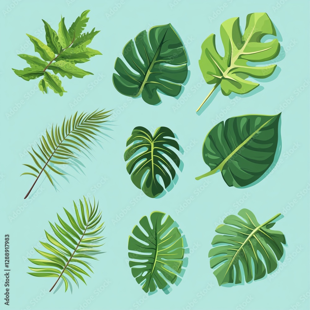 Isometric Illustration of Diverse Tropical Leaves Such as Monstera and Ferns Isometric Illustration of Diverse Tropical Leaves Such as Monstera and Ferns
