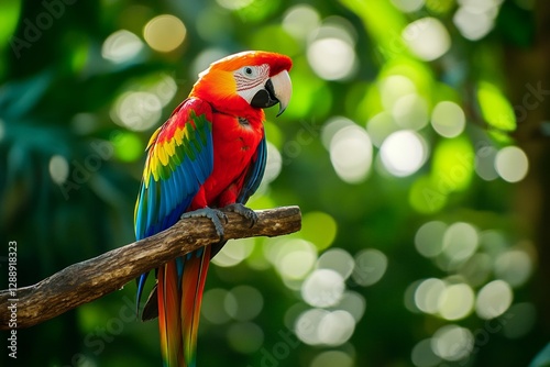 Vibrant scarlet macaw perched in lush tropical jungle