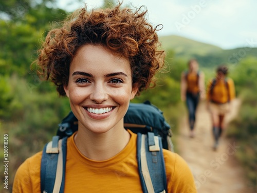 Hiking adventure smiles scenic trail portrait photography lush environment close-up joyful exploration