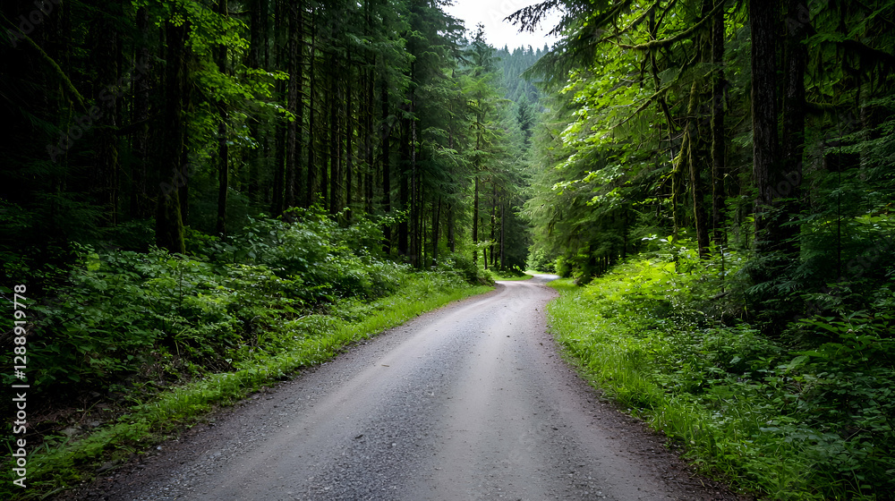 Naklejka premium Gravel Road Through Lush Green Forest