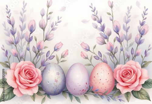  Easter eggs with pink and purple flowers and leaves on a white background