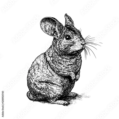 Hand-drawn chinchilla in vintage art, black sketch effect, old engraving style, animal print, trendy illustration, white background, wildlife sketch, rustic design, antique drawing.