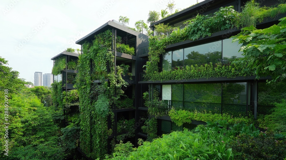 Sustainable architecture blends with lush greenery creating sere Sustainable architecture blends with lush greenery creating sere