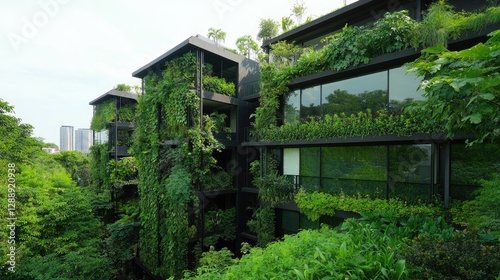 Sustainable architecture blends with lush greenery creating sere