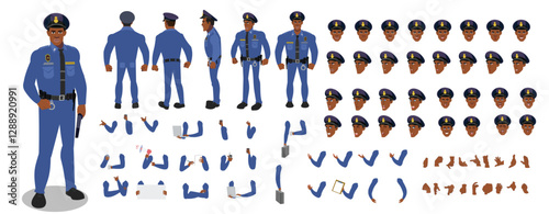 Police Officer Character Design Model Sheet. Man, Character design. Front, side, back view and explainer animation poses. Character set with lip sync and Walk cycle animation sequences.