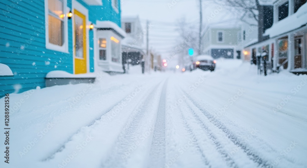 Snow covers a quiet street lined with colorful houses during a winter storm in a small coastal town at dusk