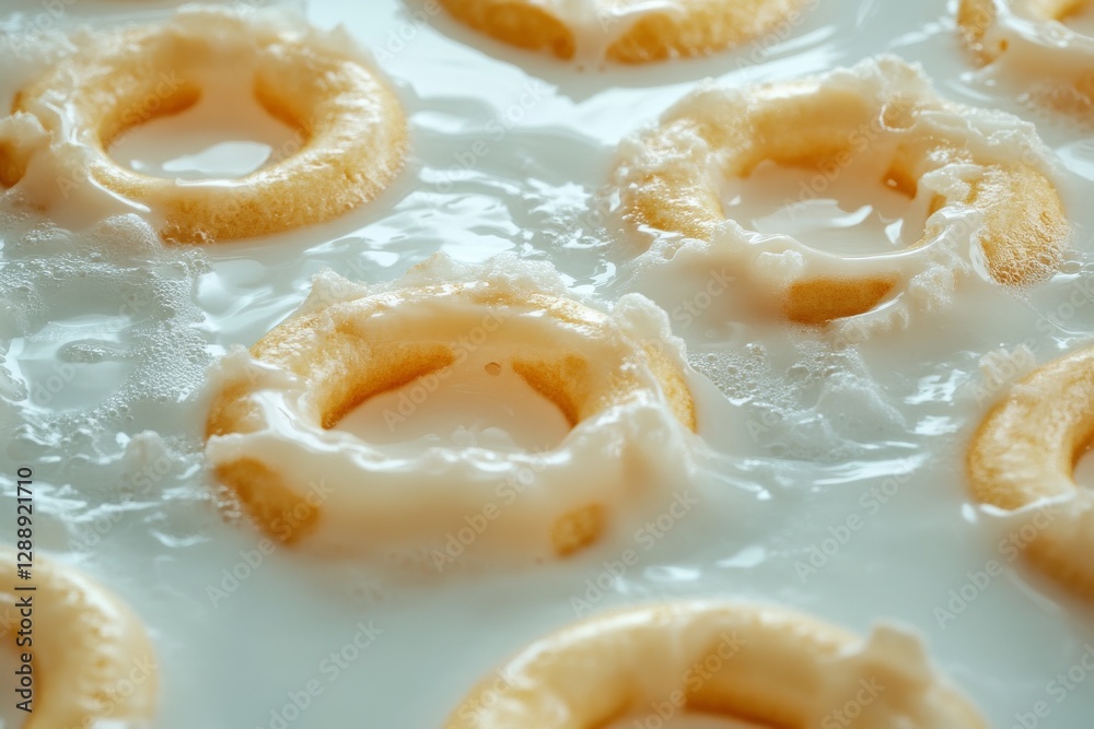 Close-up of golden donuts soaked in milk Close-up of golden donuts soaked in milk