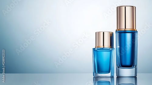 Two elegant blue glass bottles with golden caps reflecting on a smooth surface, set against a soft gradient background